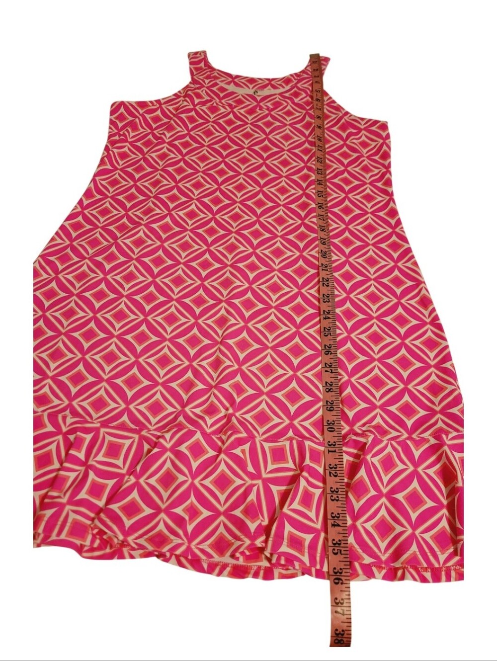 Lulu-B Women's SZ Large Pink Geometric Ruffle Hem Dress Stretch Coastal Grandma - Picture 7 of 10